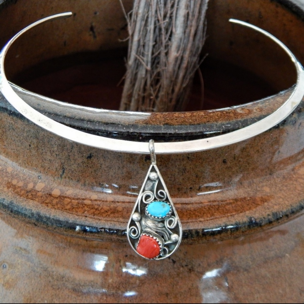 Vintage Navajo Turquoise and Coral Tear Pendant